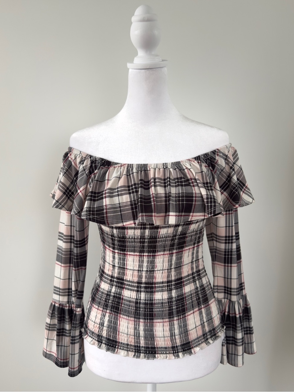 Almost Famous Plaid Off-Shoulder Ruffle Smocked Long Sleeve Top